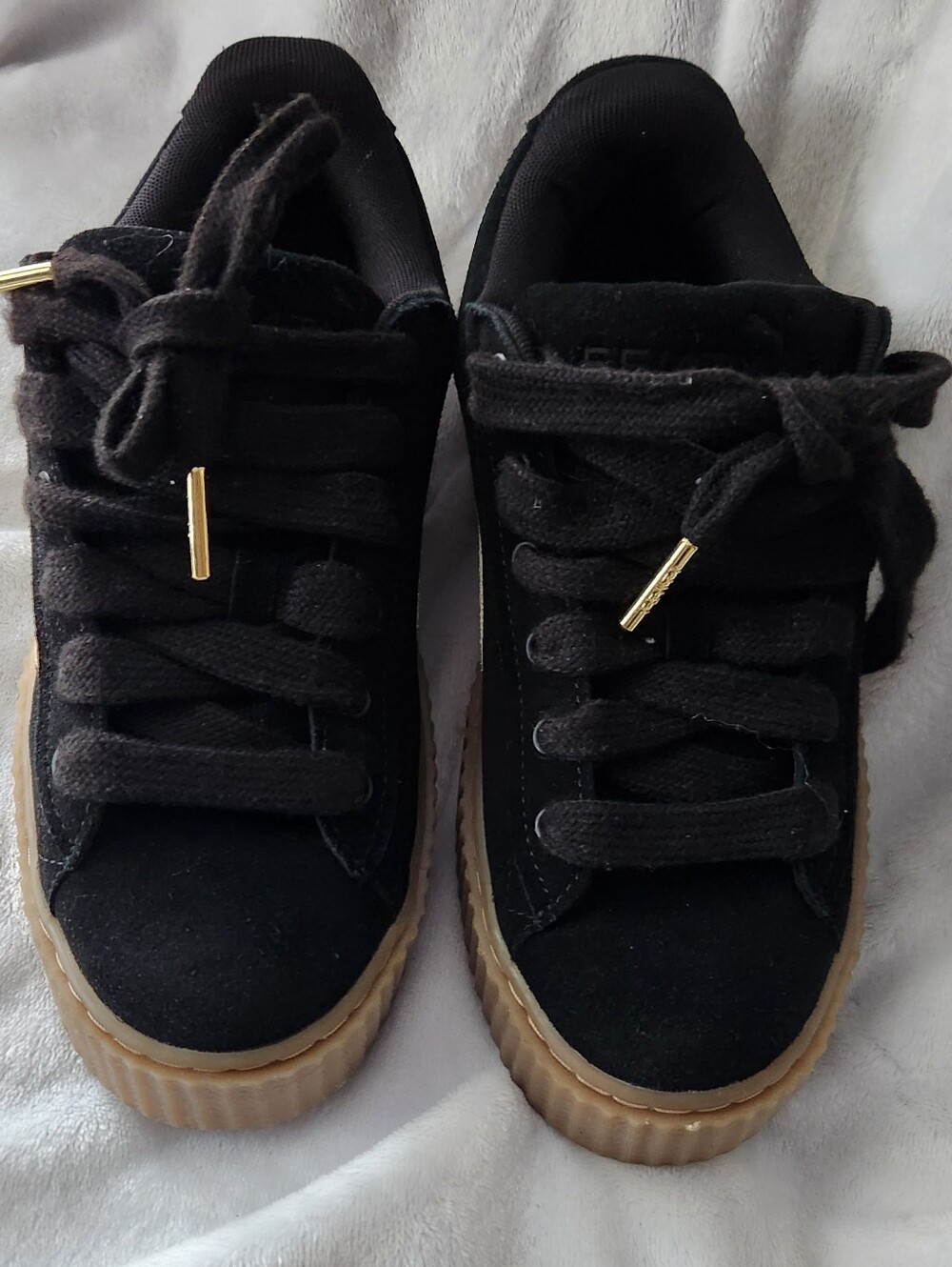 Fenty Puma Black Suede Men Sneakers with Gum Sole and Gold Lace Tips